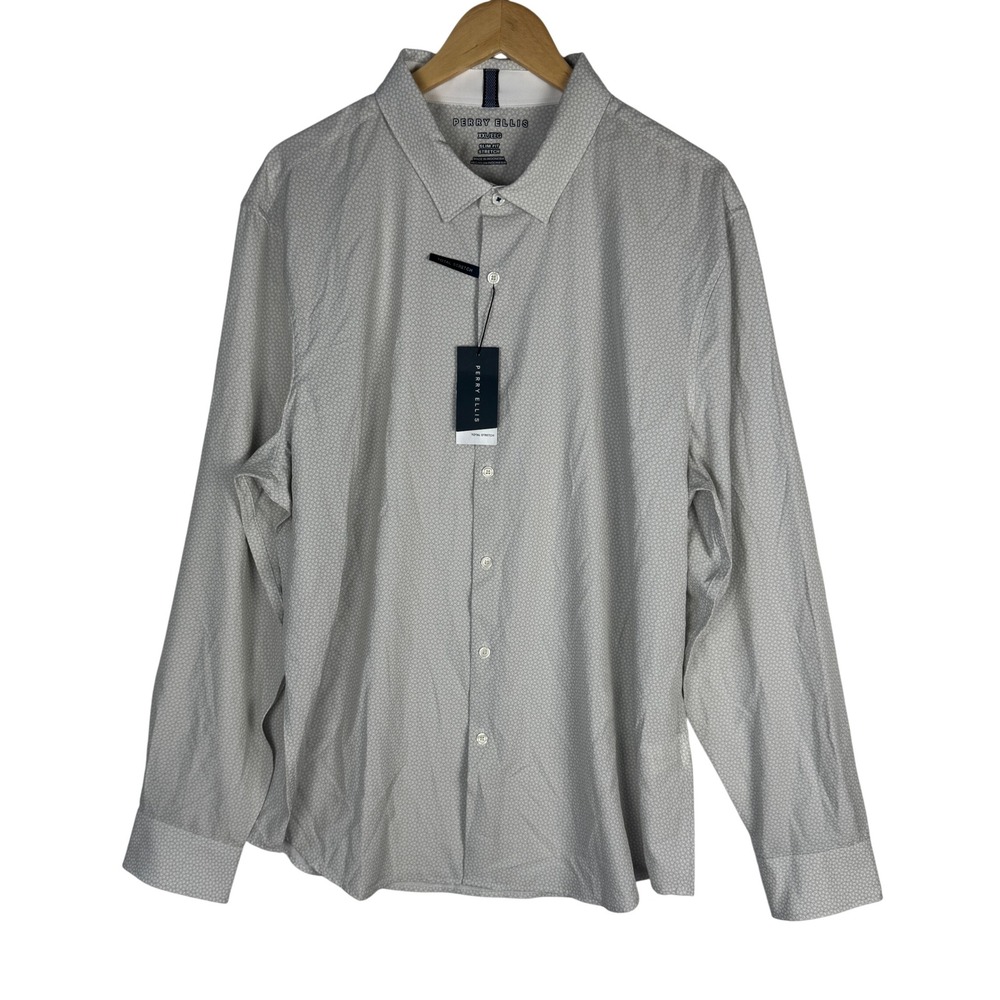 Perry Ellis Mens XXL Slim Fit Total Stretch Shirt Egret Geometric 4JFW7020PS NWT